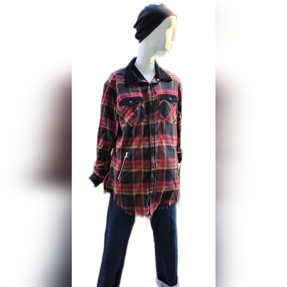 ORO Made In Los Angeles Red Plaid Shirt, Side Zip Pockets, Unisex Xl Wom, MED M - Picture 3 of 13